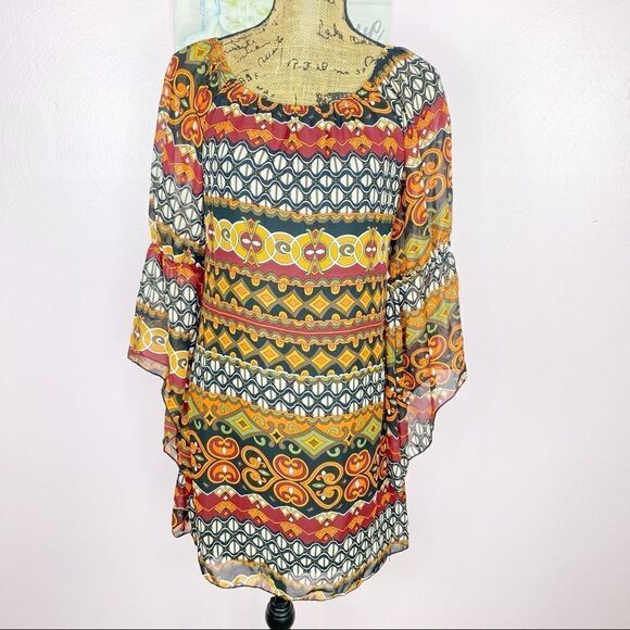 Voll Off The Shoulder Multi Print Shift Dress Split Handkerchief Sleeve Small - Picture 5 of 15